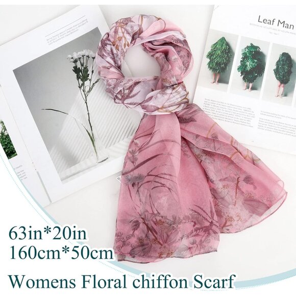 Women's Grass Pink Fashion Lightweight Head Scarf Floral Print Chiffon Scarves - Picture 3 of 7